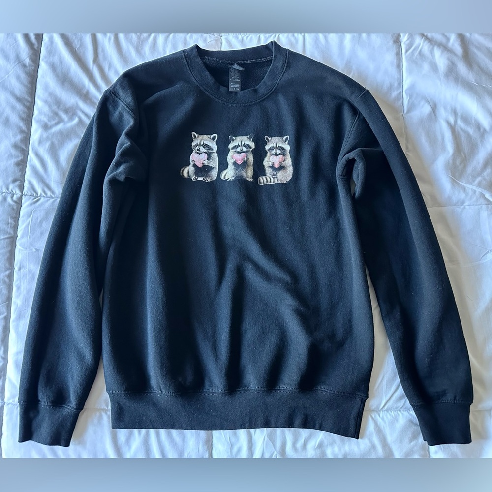 Gildan Black Crewneck Sweater with Raccoon Trio-Small